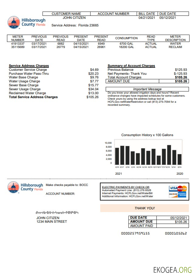 USA Hillsborough County utility bill template in Word and PDF format